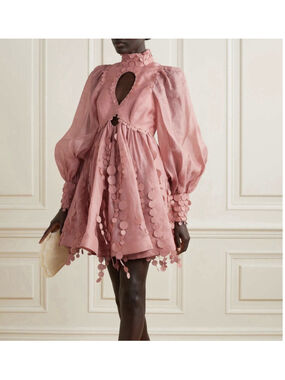 Zimmermann 0 Concert Disc Pink Cutout Mini Dress Puff Sleeve Linen Silk Appliqué